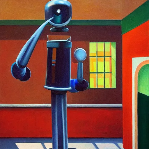 Image similar to robot cafe, blocky courtyard, grant wood, pj crook, edward hopper, oil on canvas