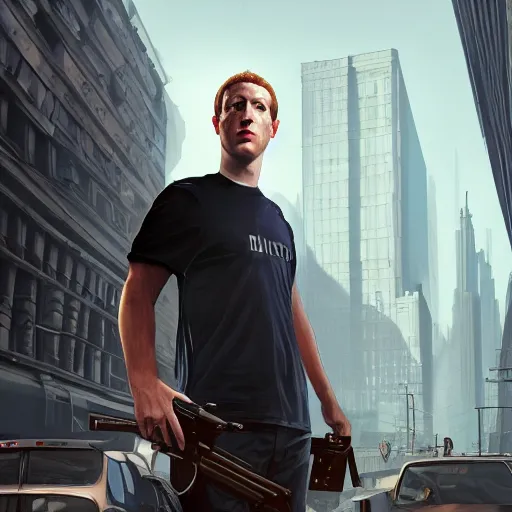 Image similar to imposing, ominous portrait of Mark Zuckerberg as a grand theft auto 5 loading screen, symmetry, front view, intricate, studio, art by anthony macbain + greg rutkowski + alphonse mucha, concept art, 4k, sharp focus
