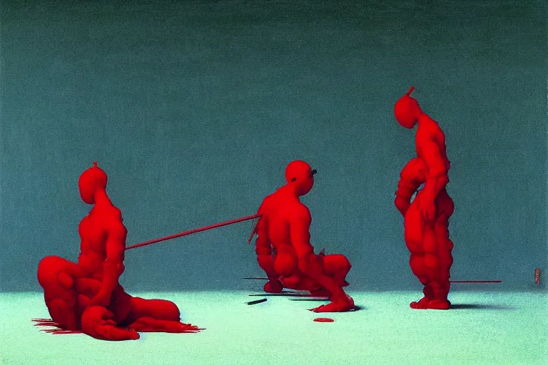 Image similar to only with red, a red samurai do seppuku, tokio, a lot of frogs watch, in the style of beksinski, parts by edward hopper, parts by rodcenko, parts by yue minjun, intricate and epic composition, red by caravaggio, insanely quality, highly detailed, masterpiece, red light, artstation, 4 k