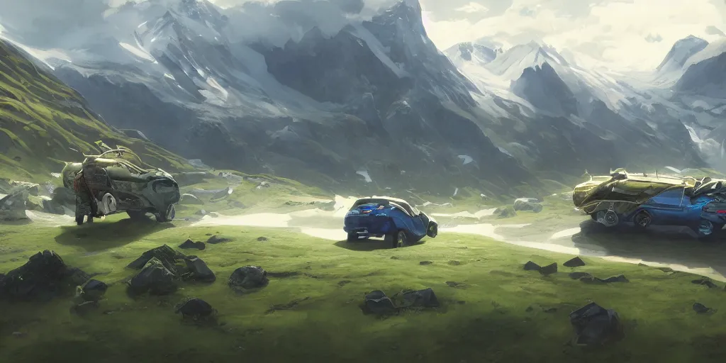 Image similar to wide angle, blue knight, green hatchback car, glacier landscape, norway, D&D, fantasy, intricate, elegant, highly detailed, digital painting, artstation, octane render, concept art, matte, sharp focus, illustration, hearthstone, art by Artgerm and Greg Rutkowski and Alphonse Mucha