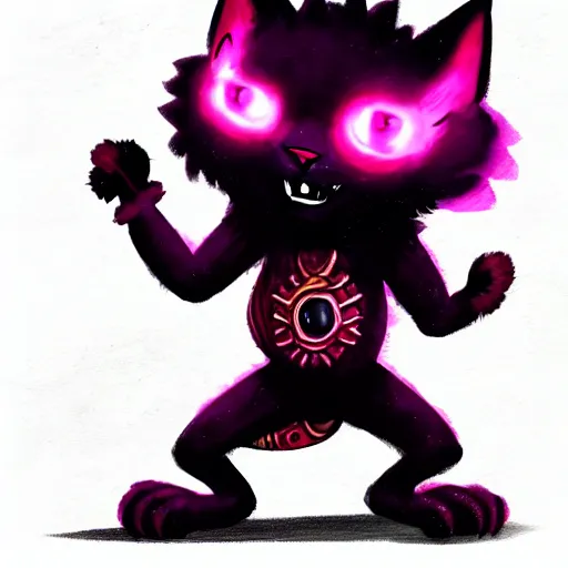 Prompt: A black furred dwarf tabaxi, wearing pink flip flops, laughing maniacally as he casts a magic spell, trending on art station, dungeons and dragons