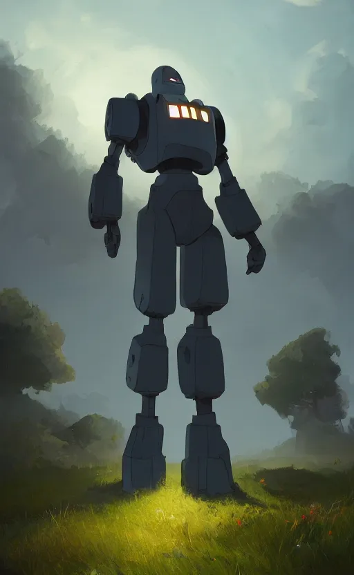 Prompt: iron giant standing near his farm, dynamic lighting, photorealistic fantasy concept art, trending on art station, stunning visuals, creative, cinematic, ultra detailed