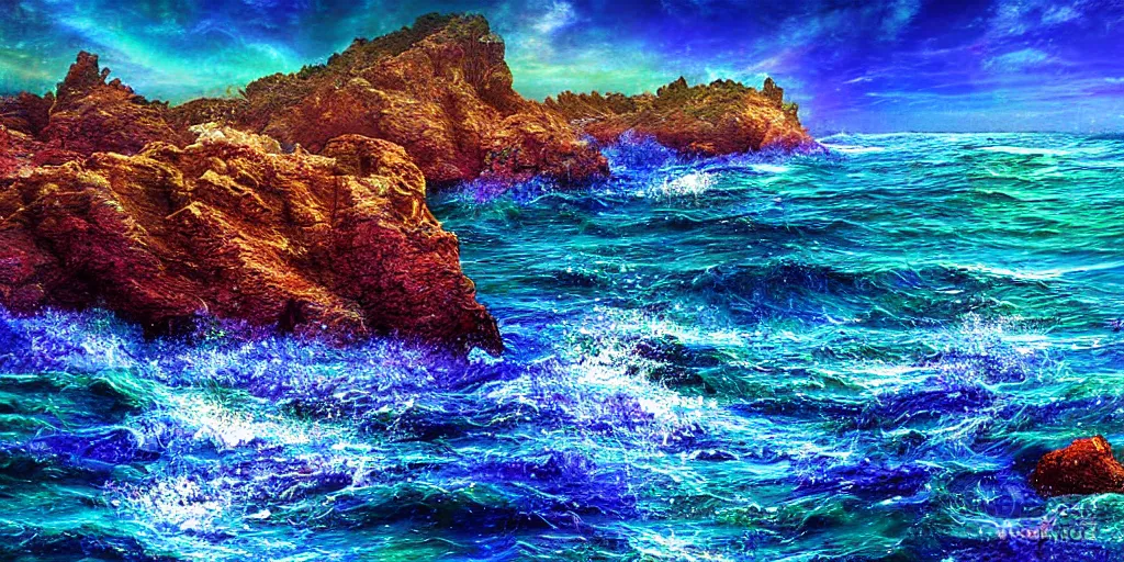 Image similar to glittering multicolored crystal cliffs, viewed from the ocean, high quality digital art,