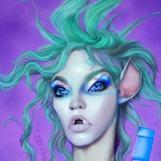 Prompt: Elf with blue skin, alien skin, blue elf, blue, blue-skinned elf, green hair, glam hair, hairspray, big hair, wild hair, 80s hair, glam make-up, 80s, illustration, fantasy art, trending on ArtStation, 1980s fantasy art