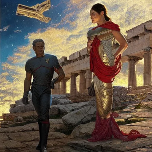 Prompt: popular STAR TREK movie scene in ancient Greece, (SFW) safe for work, photo realistic illustration by greg rutkowski, thomas kindkade, alphonse mucha, loish, norman rockwell