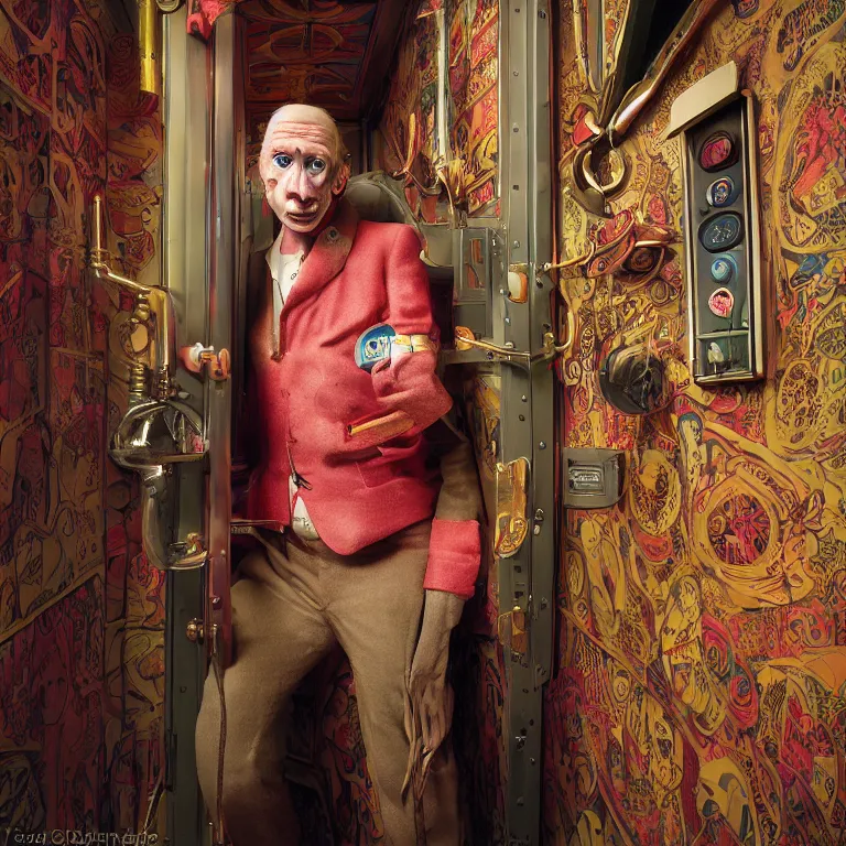 Image similar to professional octane render portrait by wayne barlow and carlo crivelli and glenn fabry, an eccentric weird man in a bright colorful saturated wes anderson elevator operator costume inside a dark and moody vintage elevator in a high - end exotic vintage boutique hotel, very short depth of field, bokeh