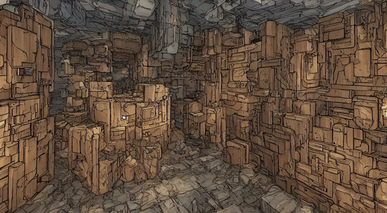 Image similar to wood wall fortress greeble block amazon jungle global illumination ray tracing that looks like it is from borderlands and by feng zhu and loish and laurie greasley, victo ngai, andreas rocha, john harris