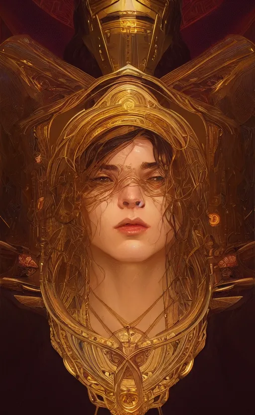 Prompt: portrait of a young handsome dark god, gold wires, intricate, headshot, highly detailed, digital painting, artstation, concept art, sharp focus, cinematic lighting, illustration, art by artgerm and greg rutkowski, alphonse mucha, cgsociety