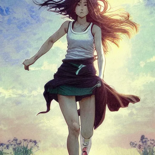 Image similar to a girl is running, sport clothing, anime style, long hair, hair down, symmetrical facial features, from arknights, hyper realistic, highly detailed, rule of thirds, extreme detail, detailed drawing, trending artstation, realistic lighting, sport magazine, by alphonse mucha, greg rutkowski, sharp focus, backlit, real faces, realistic anatomy