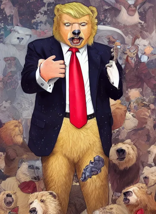 Image similar to donald trump in a bear fursona suit, by artgerm, by mucha, by greg rutkowski