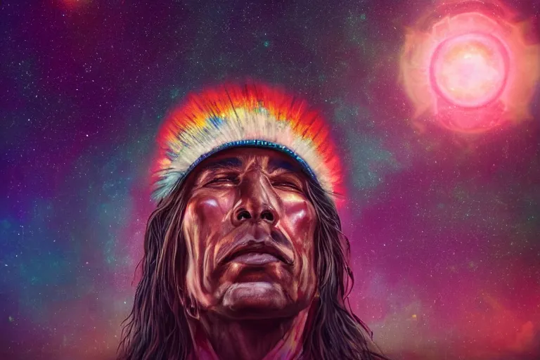 Image similar to photograph of a spiritual native american man looking up at the stars, art, universe, blender, pastel colors, synthwave, retro, cyberpunk,