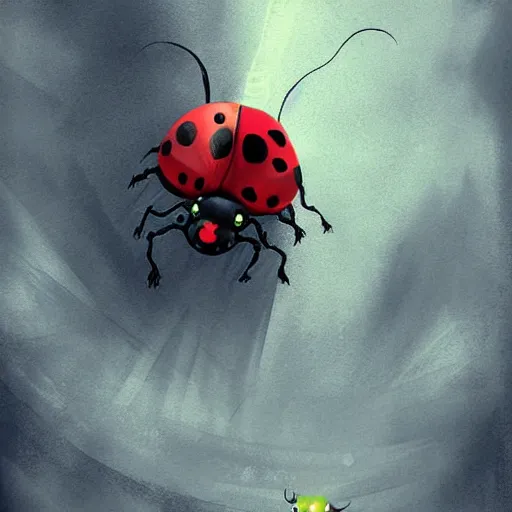 Image similar to ladybug as a monster, fantasy art style, scary atmosphere, nightmare - like dream, creepy