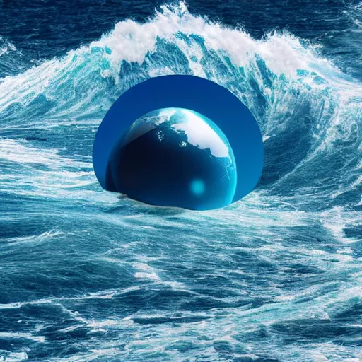 Prompt: planet earth inside a bubble floating on a wild ocean wave