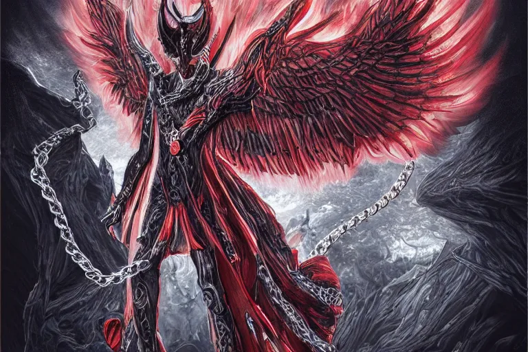 Image similar to lucifer, dark angel, demon, satan, red eyes, chain, handcuffs, large chain, wide open mouth, scream, cruelty, light effect, hyper detailed, intricate, elegant, highly detailed, digital painting, artstation, concept art, matte, sharp focus, illustration, by dan mumford, yusuke murata, makoto shinkai, ross tran