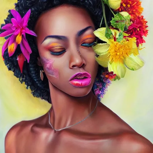 Image similar to super realistic painting of a black woman combined with flowers, colorful, highly detailed, 4k, trending on artstation