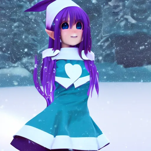 Image similar to Render of a very beautiful 3d anime girl, elf girl, full body, long silver hair purple tips, azure blue eyes, full round face, short smile, cute bunny dress, in snow, medium shot, mid-shot, highly detailed, trending on Artstation, Unreal Engine 4k