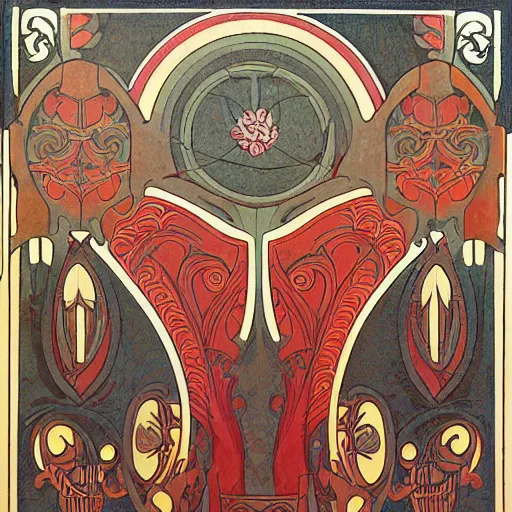 Image similar to symmetrical mural painting from the early 1 9 0 0 s in the style of art nouveau, red curtains, art nouveau design elements, art nouveau ornament, scrolls, flowers, flower petals, rose, opera house architectural elements, mucha, masonic symbols, masonic lodge, joseph maria olbrich, simple, iconic, masonic art, masterpiece