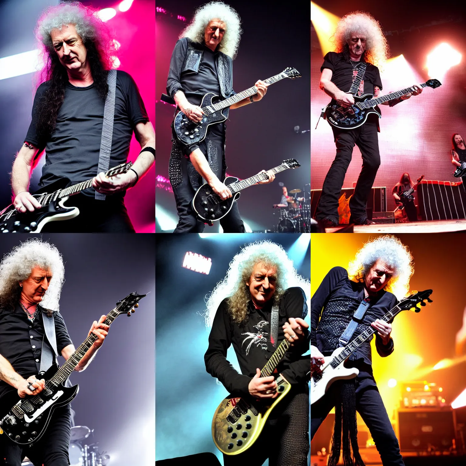 Prompt: Brian May playing guitar with Korn, live concert photography, high quality