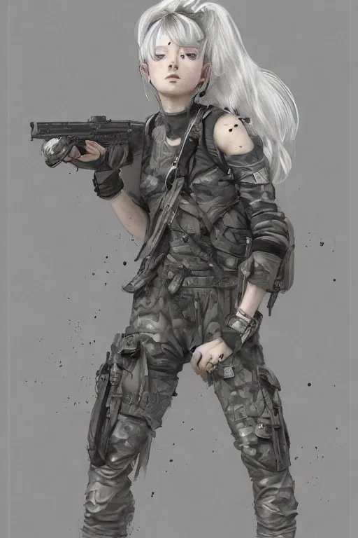 Prompt: girl, silver (hair) ((ponytail)), winking, multicam (camo), trending on artstation, detailed, cinematic portrait, ilustration by Takehiko Inoue ((((and Yoann Lossel))))