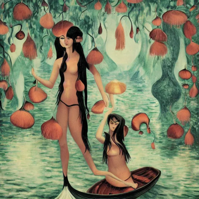 Image similar to tall female catgirl artist holding sheet music in her flooded apartment, pomegranates, octopus, water gushing from ceiling, painting of flood waters inside an artist's apartment, a river flooding indoors, mushrooms, ikebana, zen, rapids, waterfall, black swans, canoe, berries, acrylic on canvas, surrealist, by magritte and monet