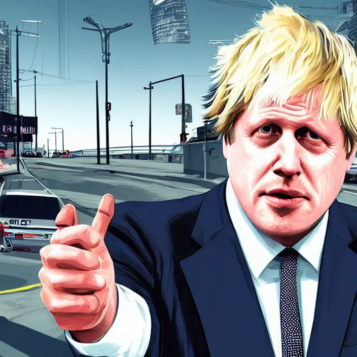 Image similar to Boris Johnson in GTA V, Cover art by Stephen Bliss, Loading Screen, Boxart