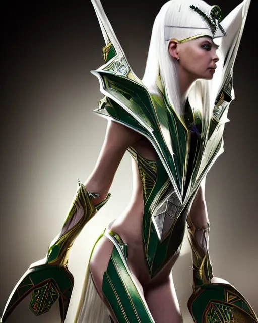 Image similar to perfect white haired attractive egyptian goddess with green eyes, warframe armor, pharaoh headdress, beautiful, symmetric, dreamy, half asian, pretty face, charlize theron, detailed, scifi platform, laboratory, experiment, 4 k, ultra realistic, epic lighting, android body, illuminated, cinematic, masterpiece, art by akihito tsukushi, voidstar