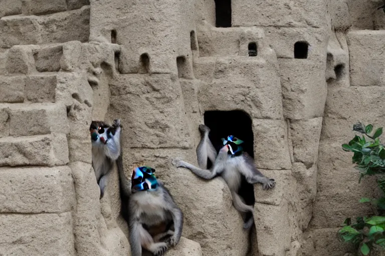 Prompt: full view of monkeys touching a castle made of sand