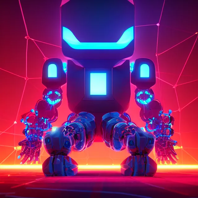Prompt: 3 d render of glowing futuristic robot blocks tied together with chains, blockchain, symmetry, painted, intricate, volumetric lighting, beautiful, rich deep colors masterpiece, sharp focus, ultra detailed, in the style of dan mumford and marc simonetti