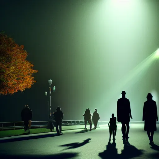 Image similar to shadow people walking in the park, made from the side, 2 d ultra realistic, lens flare, atmosphere, glow, detailed, intricate, full of colour, cinematic lighting, trending on artstation, 4 k, hyperrealistic, focused, extreme details, unreal engine 5, cinematic, masterpiece, ultra realistic, hyper realistic, highly detailed, sharp focus, digital art