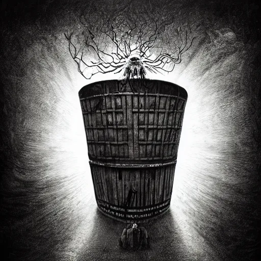 Image similar to lovecraftian mr bucket, surrounded by beams of light dark background by wayne barlow, stanley donwood, anton semenov, zdzislaw bekinski, hr giger, 8 k, fantasy, dark, highly detailed