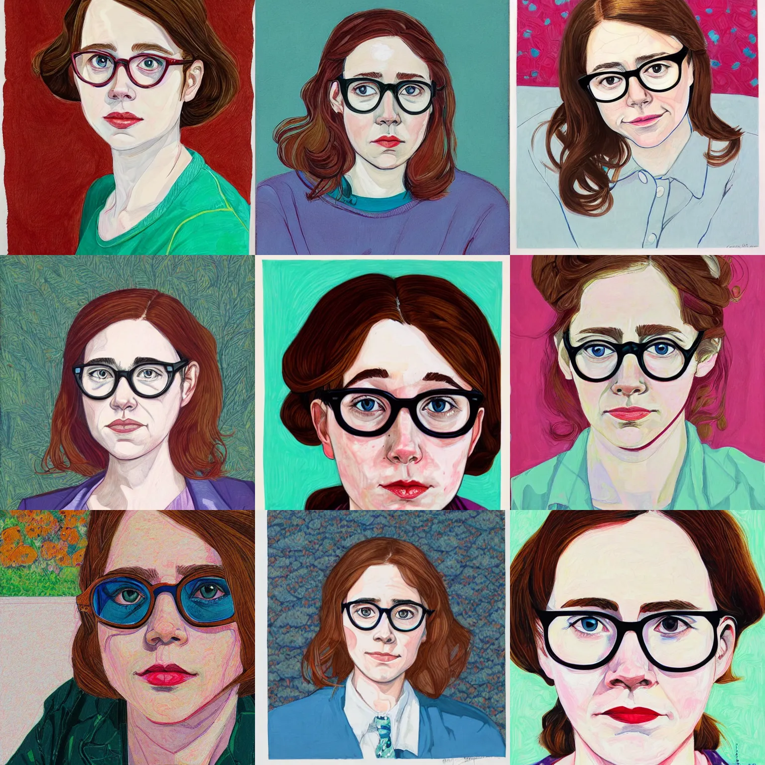 Prompt: portrait of a young Pam Beesly wearing cat-eye glasses by hope gangloff