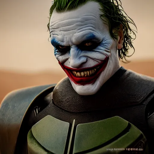 Image similar to cinematic portrait of the joker wearing t - 5 1 b power armor in the desert, 8 k, very detailed, very intricate,