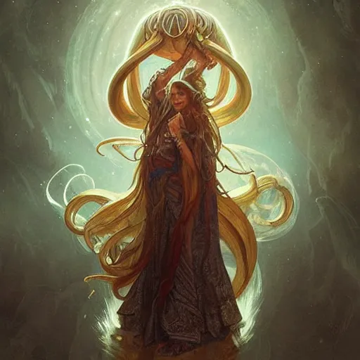 Image similar to “ a celestial giant squid, nordic motifs, d & d, fantasy, intricate, cinematic lighting, highly detailed, digital painting, artstation, concept art, smooth, sharp focus, illustration, art by artgerm and greg rutkowski and alphonse mucha ”