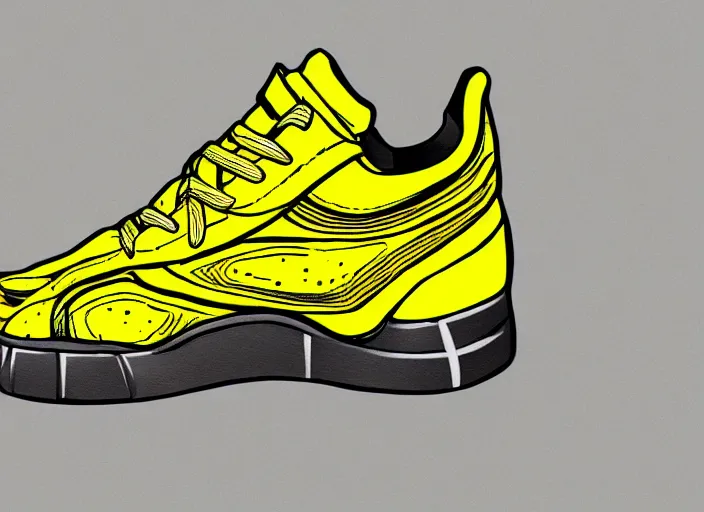 Image similar to sneaker concept, wth short golden lines, yellow details, highly detailed, digital art, sharp focus, trending on art station, anime art style