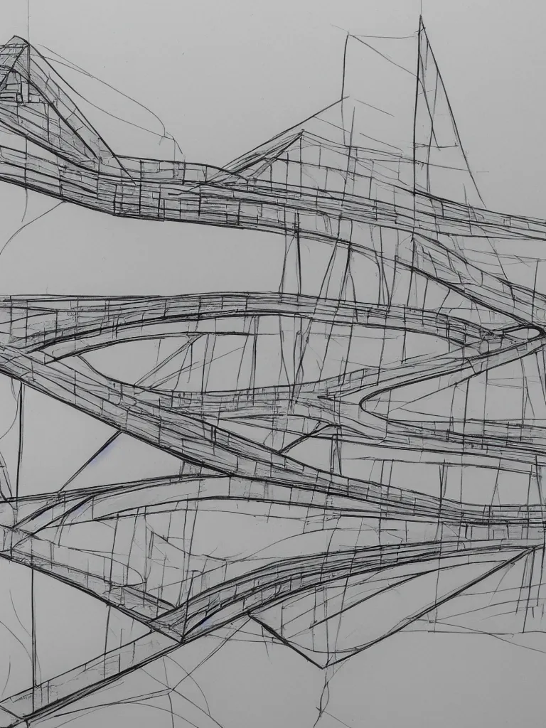 Prompt: an architectual sketch of a modern bridge in the style of FRANK GEHRY