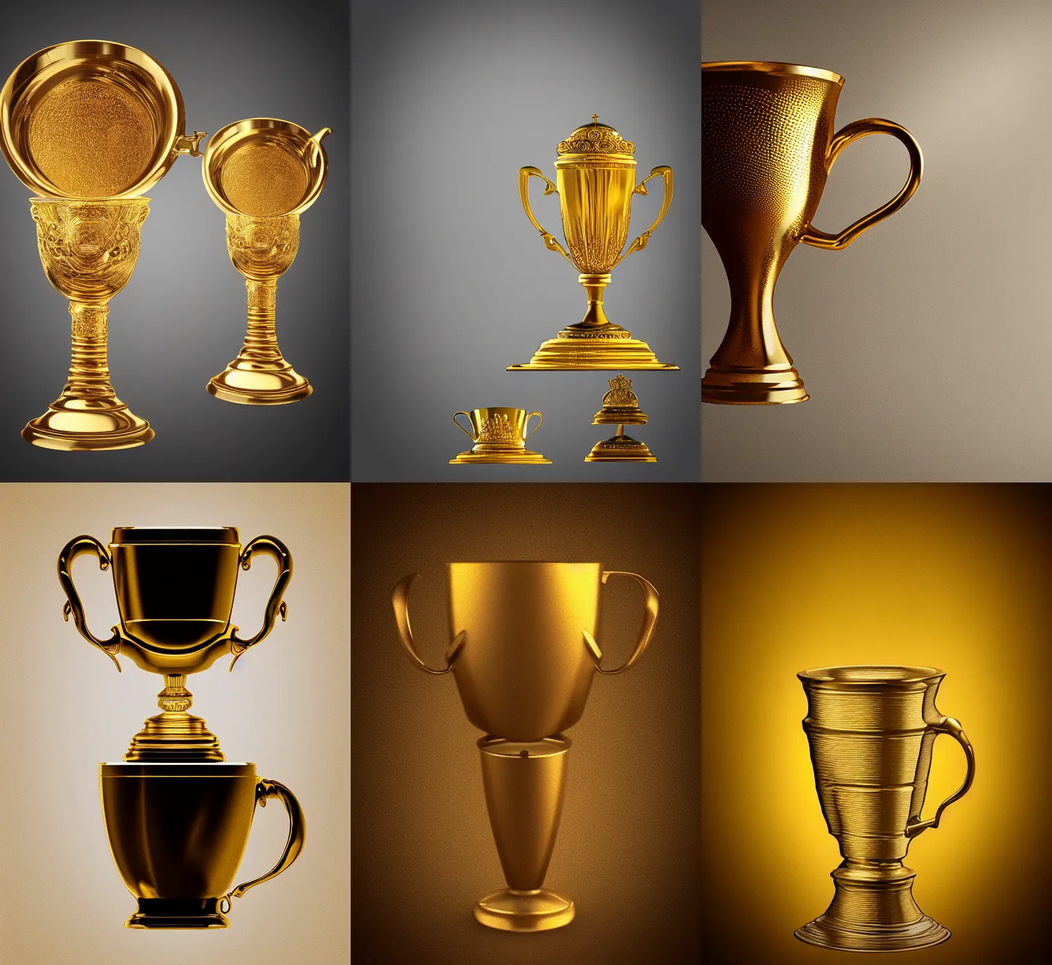 Prompt: “ golden cup, wining, award, front, center, white bg, render corona, photorealistic, studio light, epic, cinematic light ”