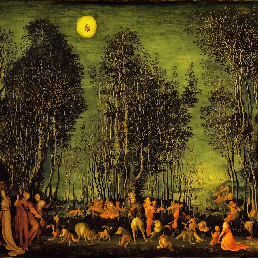 Image similar to renaissance painting of a night carnival around a magical tree cavity, with a surreal orange moonlight and fireworks in the background, next to a lake with iridiscent water, christmas lights, folklore animals and people disguised as fantastic creatures in a magical forest by summer night, masterpiece painted by jan van goyen, scene by night, dark night environment, refraction lights, glares