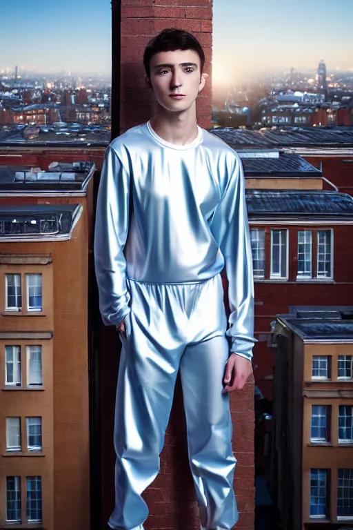 Image similar to un ultra high definition studio quality photographic art portrait of a young man standing on the rooftop of a british apartment building wearing soft baggy padded silver iridescent pearlescent clothing. three point light. extremely detailed. golden ratio, ray tracing, volumetric light, shallow depth of field. set dressed.