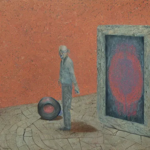 Image similar to a detailed, impasto painting by shaun tan and louise bourgeois of an abstract forgotten sculpture by ivan seal and the caretaker, alzheimer's