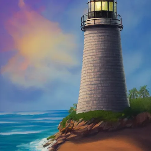 Image similar to painting of islands of adventure lighthouse, artstation