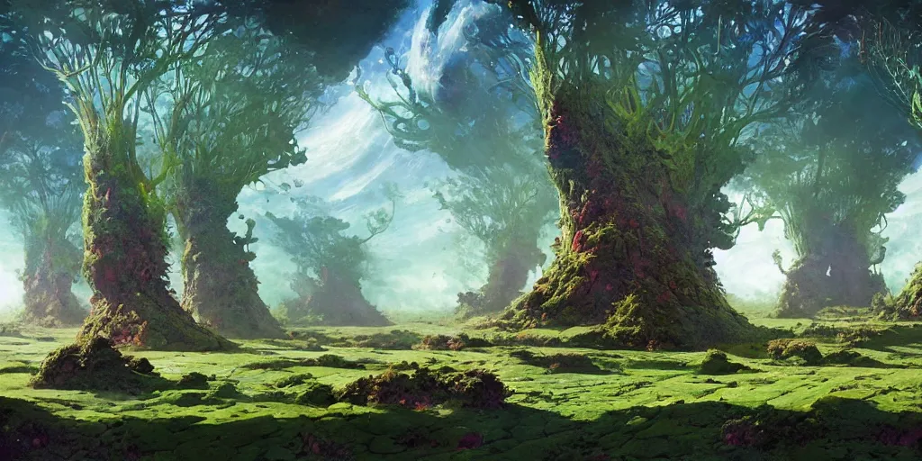 Image similar to botanical, extraterrestrial trees with fractal fruits, morning, quiet planet, teratology, land, roger dean, john berkey, james gurney, greg rutkowski, artstation