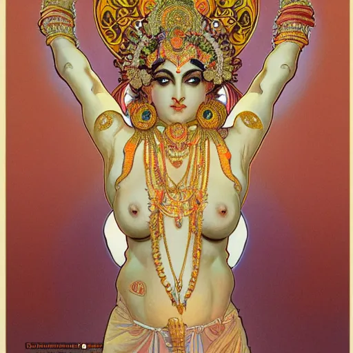 Prompt: sexy Hindu deity, symmetric, with 6 arms, ultra realistic, fantasy, intricate, by alphonse mucha, trending on artstation