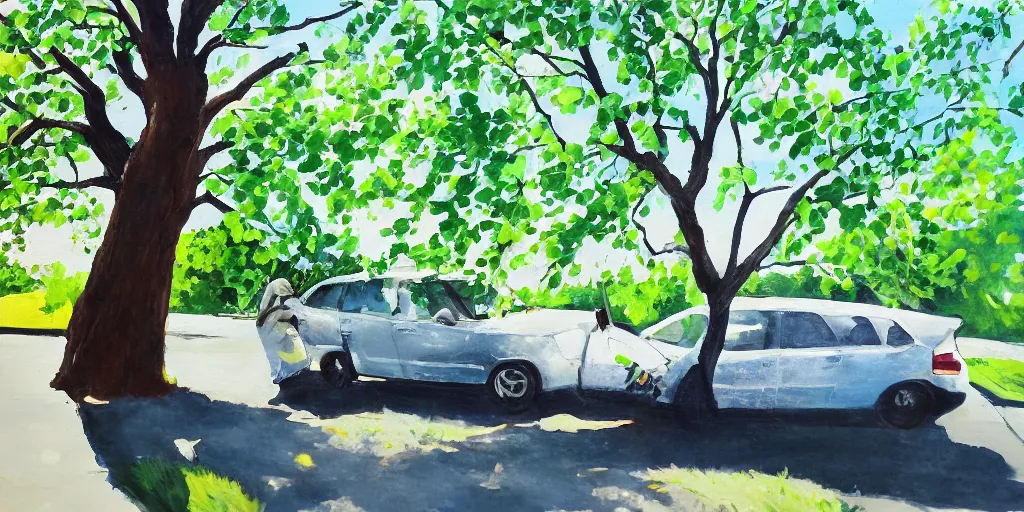 Prompt: painting of a tree coming out of a car