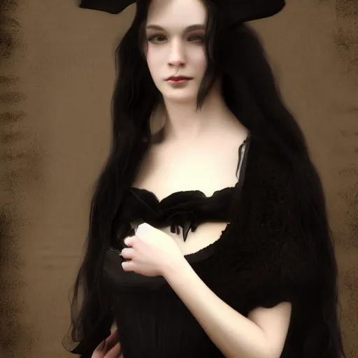 Image similar to a beautiful young woman, pale skin, black long hair, aristocrat, black expensive dress from 1 8 6 0, digital art, studio photo, realistic, artstation, high quality, wild west