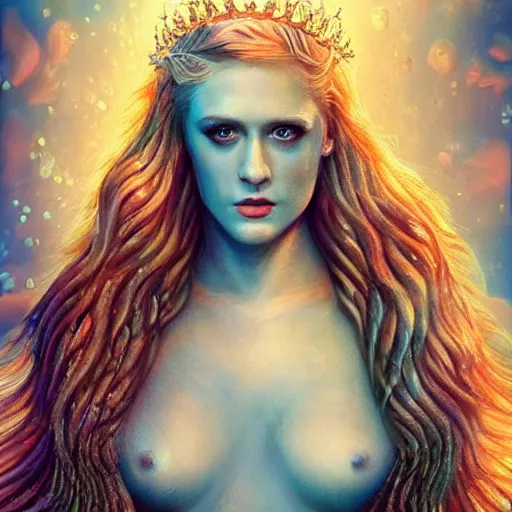 Image similar to evan rachel wood portrait, fantasy, mermaid, hyperrealistic, game character, underwater, highly detailed, sharp focus, cinematic lighting, pearls, glowing hair, shells, gills, crown, water, highlights, starfish, jewelry, realistic, digital art, pastel, magic, fiction, ocean, king, colorful hair, sparkly eyes, fish, heroic, goddess, waves, bubbles, queen