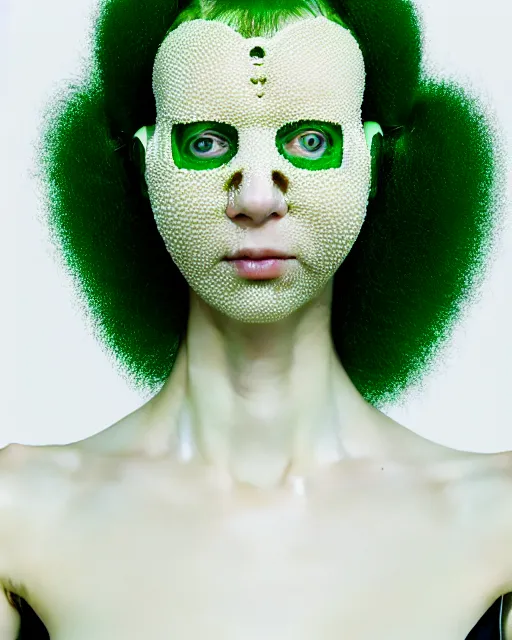 Image similar to portrait of a woman wearing a green embroidered translucent silicone mask and white frizzy hair buns, wearing a black bodysuit by alexander mcqueen, cream white background, soft diffused light, biotechnology, humanoide robot, bjork aesthetic, translucent, by rineke dijkstra, intricate details, highly detailed, masterpiece,