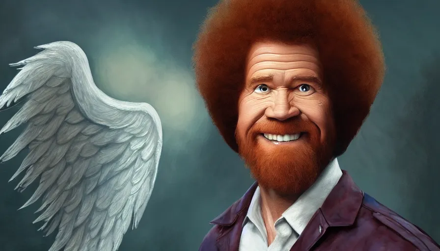 Image similar to Bob Ross with angel wings, hyperdetailed, artstation, cgsociety, 8k