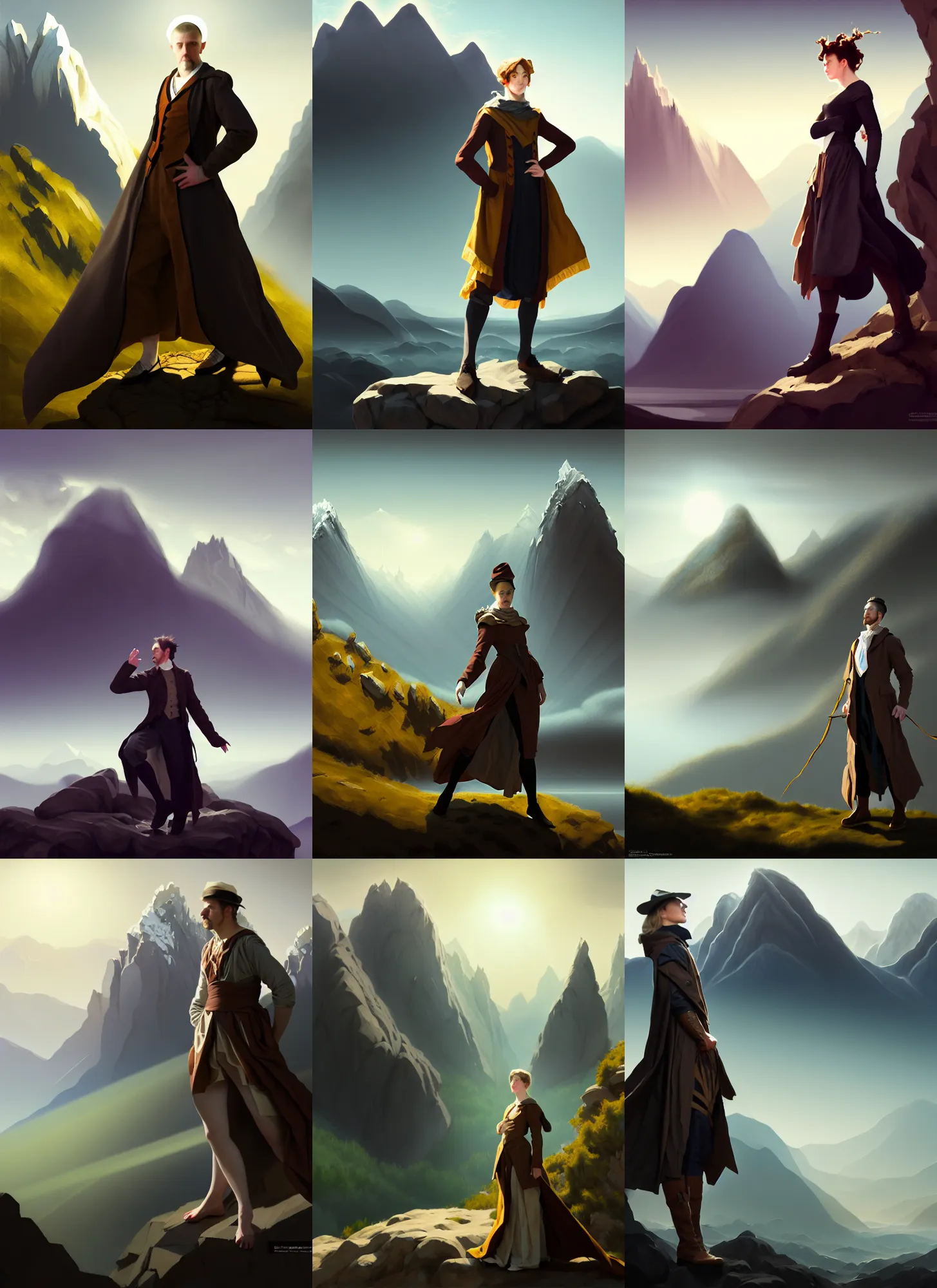 Prompt: costume design made with love, costume design made for time travel, sophisticated composition, old masters light composition, procedurally generated, drama character posing for concept art, dramatic mountains behind, substance designer, PBR, HD, Ultra detailed, hyperrealistic, megascans, volumetric light, concept by master artist, made in paint tool SAI2, trending pixiv face