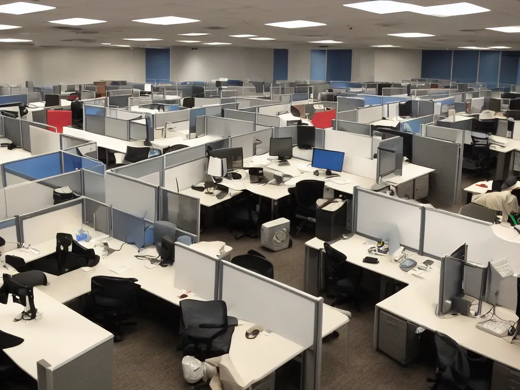 Image similar to 90s cubicle office with computers, people on break