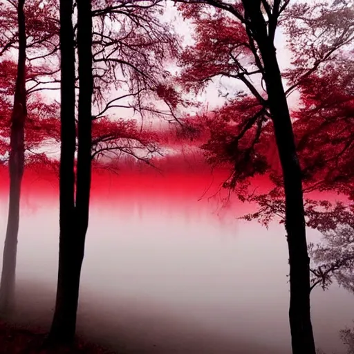 Prompt: a blood red river. dark ominous trees. moody. atmospheric lighting. foggy. - n 9